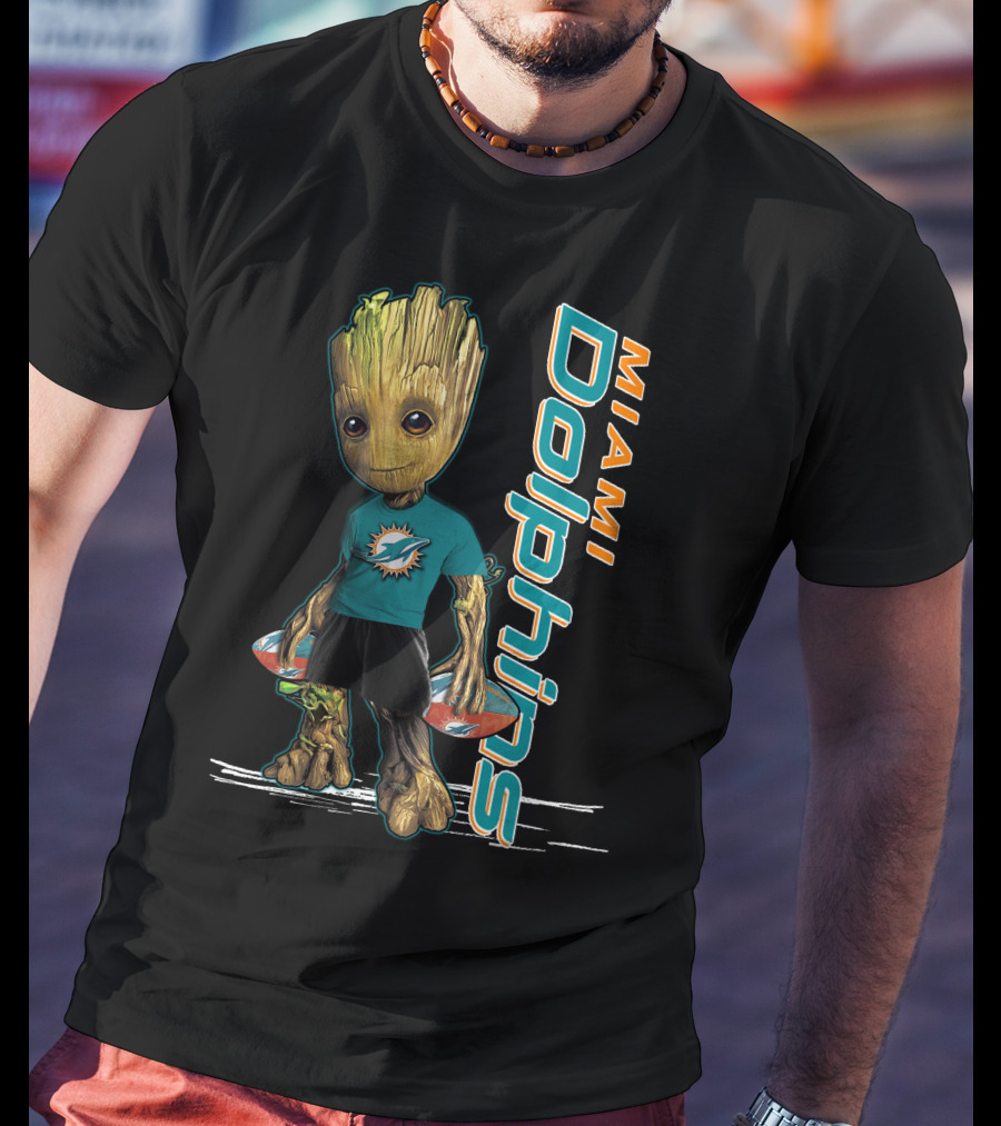 Groot Wearing Miami Dolphins Merchandise With Team Logo And Sports T-Shirt