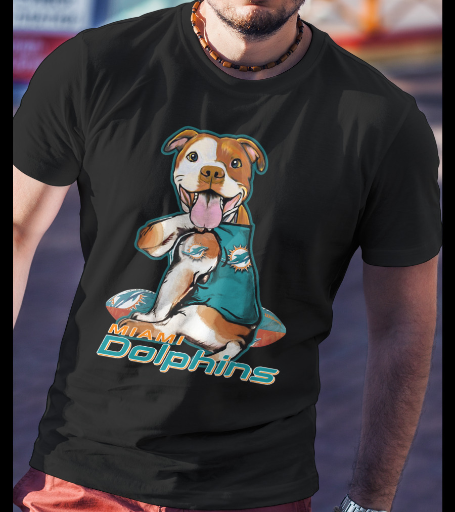 Pittbull Wearing Miami Dolphins Jersey With Logo And Football T-Shirt