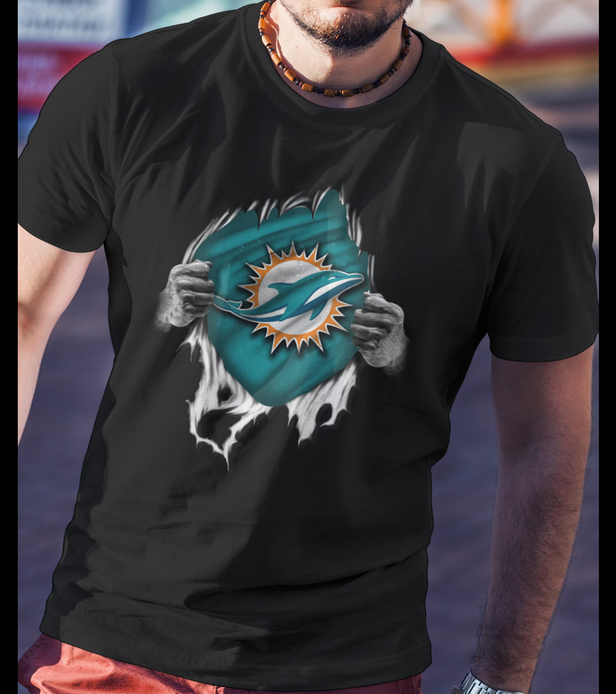Torn Miami Dolphins Emblem With Hands Peeling Effect T-Shirt