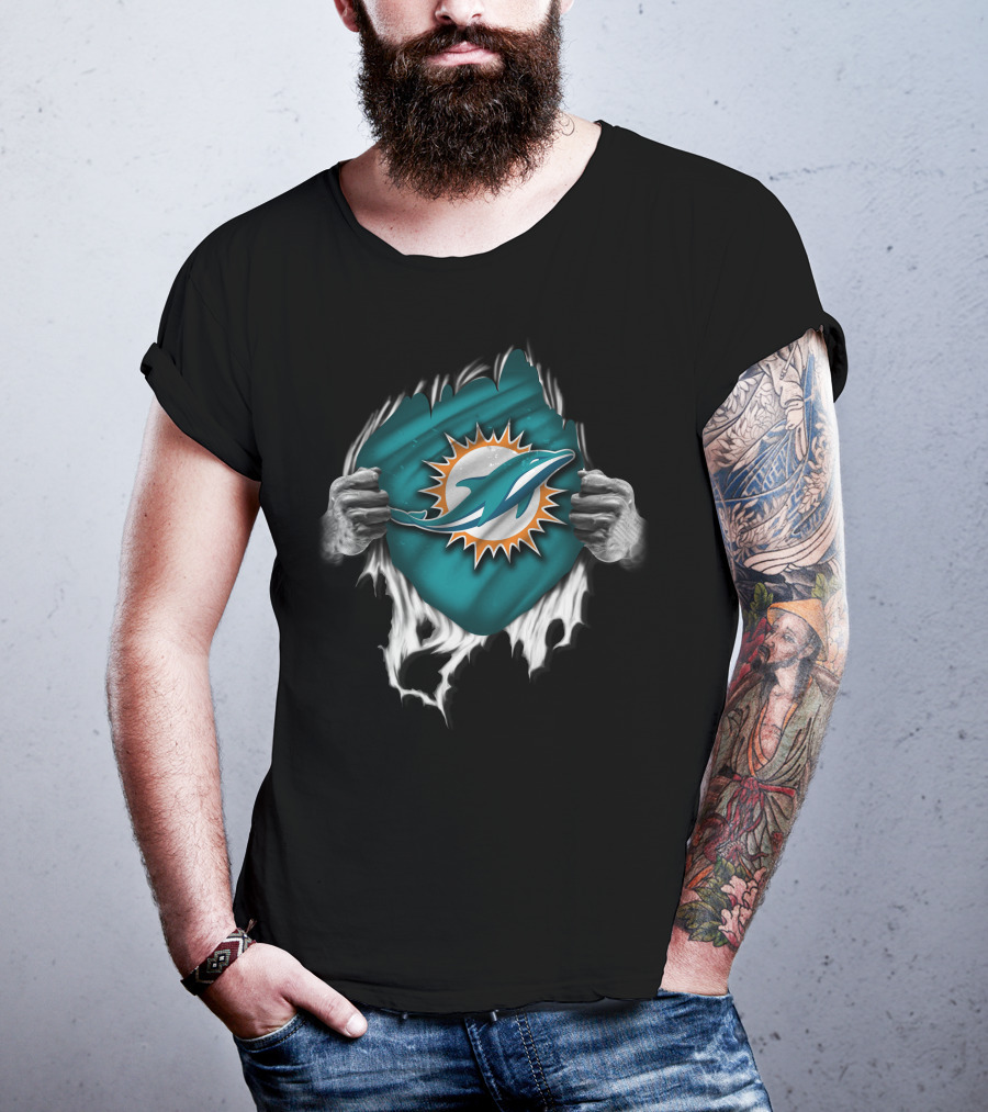 Torn Miami Dolphins Emblem With Hands Peeling Effect T-Shirt