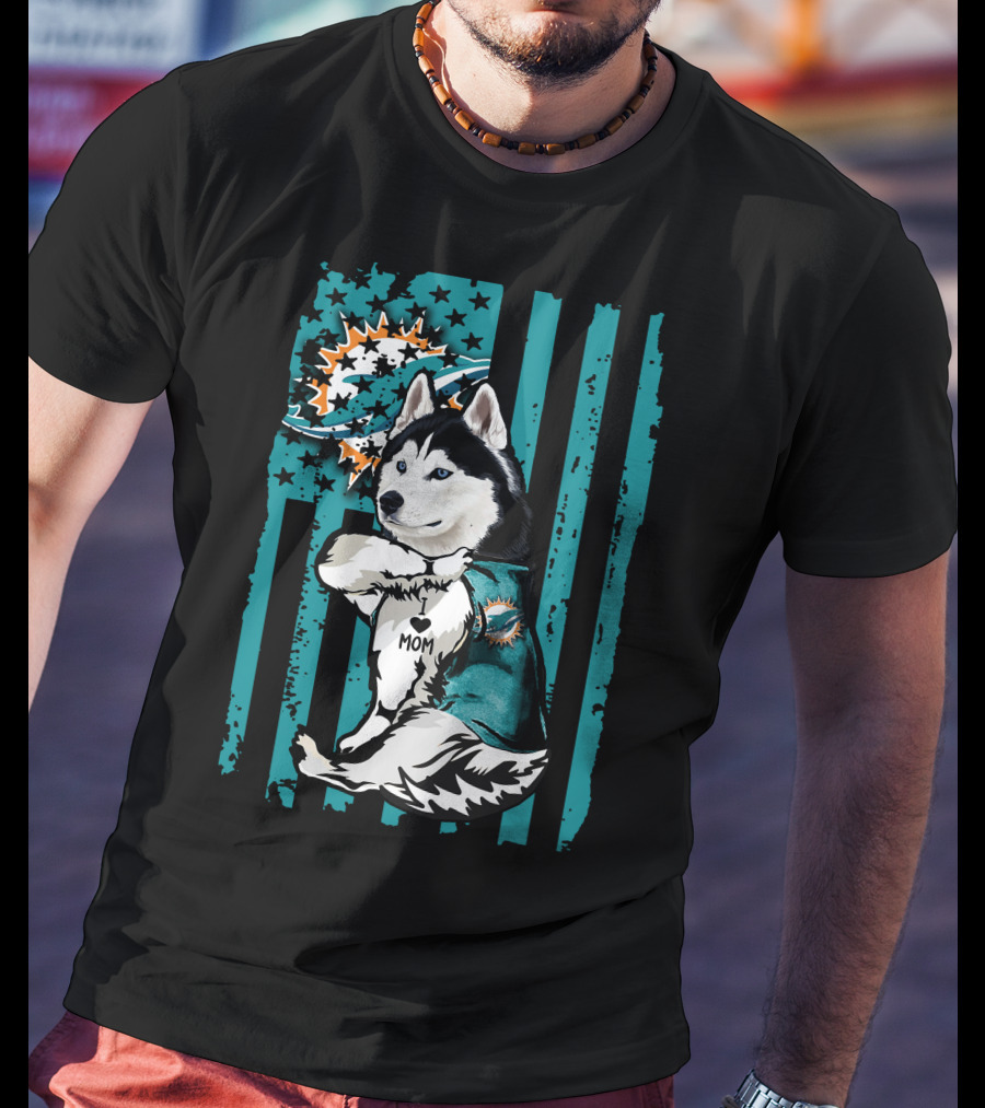 Siberian Husky Miami Dolphins Heart Mom Football Fan Flag T-Shirt
