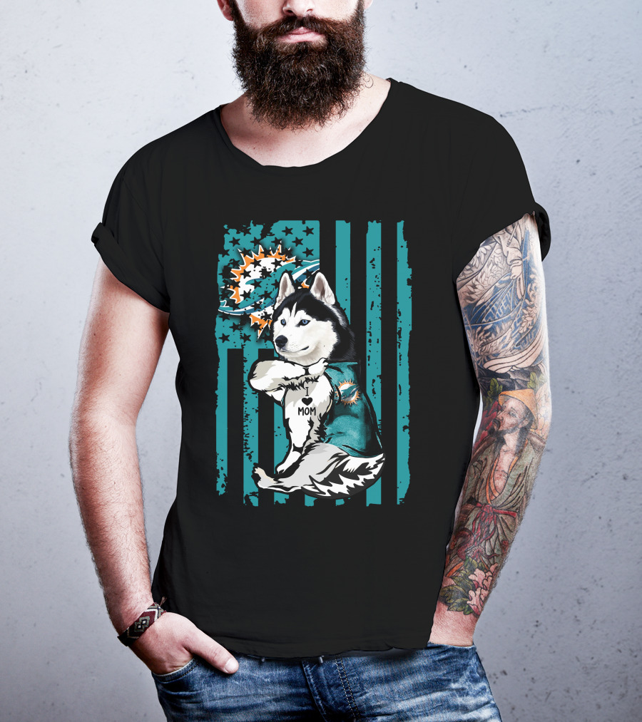 Siberian Husky Miami Dolphins Heart Mom Football Fan Flag T-Shirt