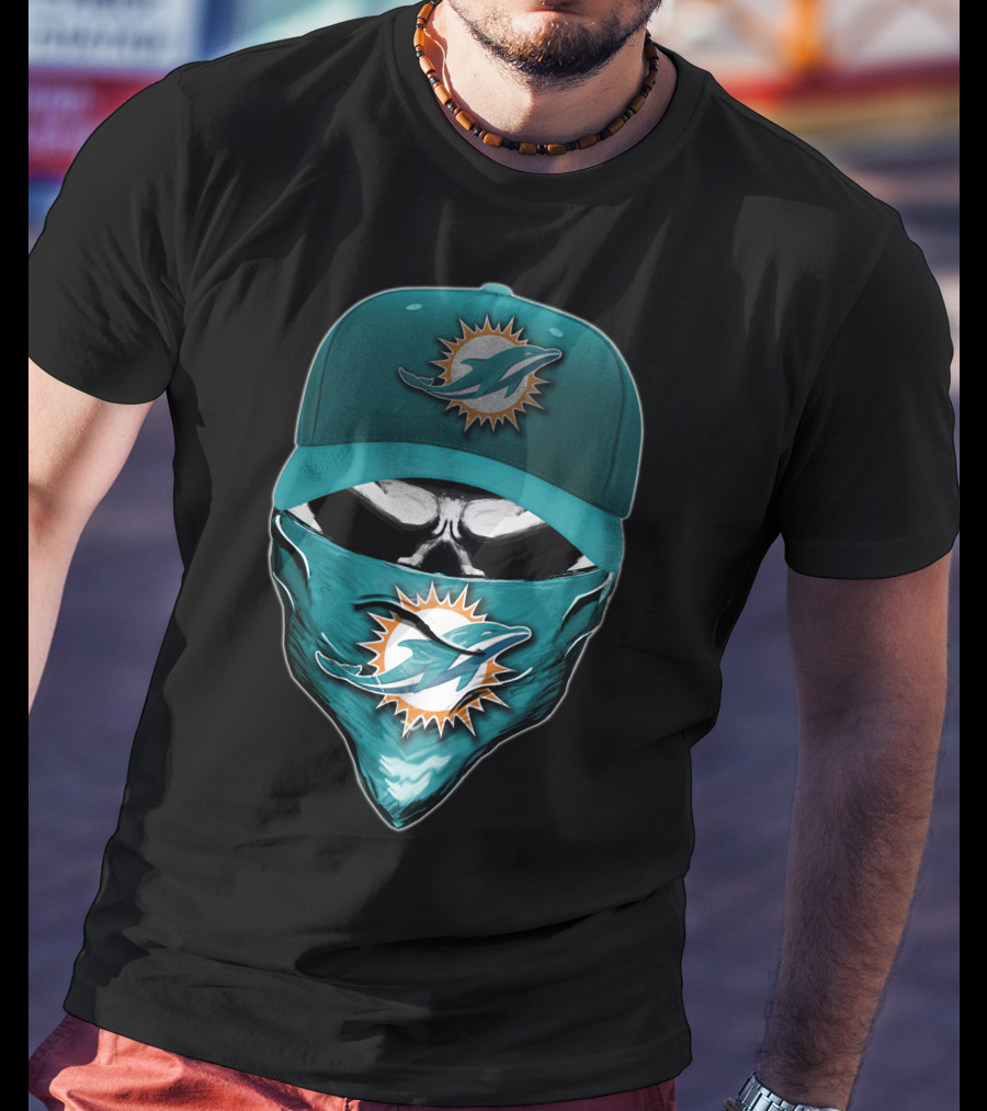 Skull Miami Dolphins Logo Hat And Bandana T-Shirt