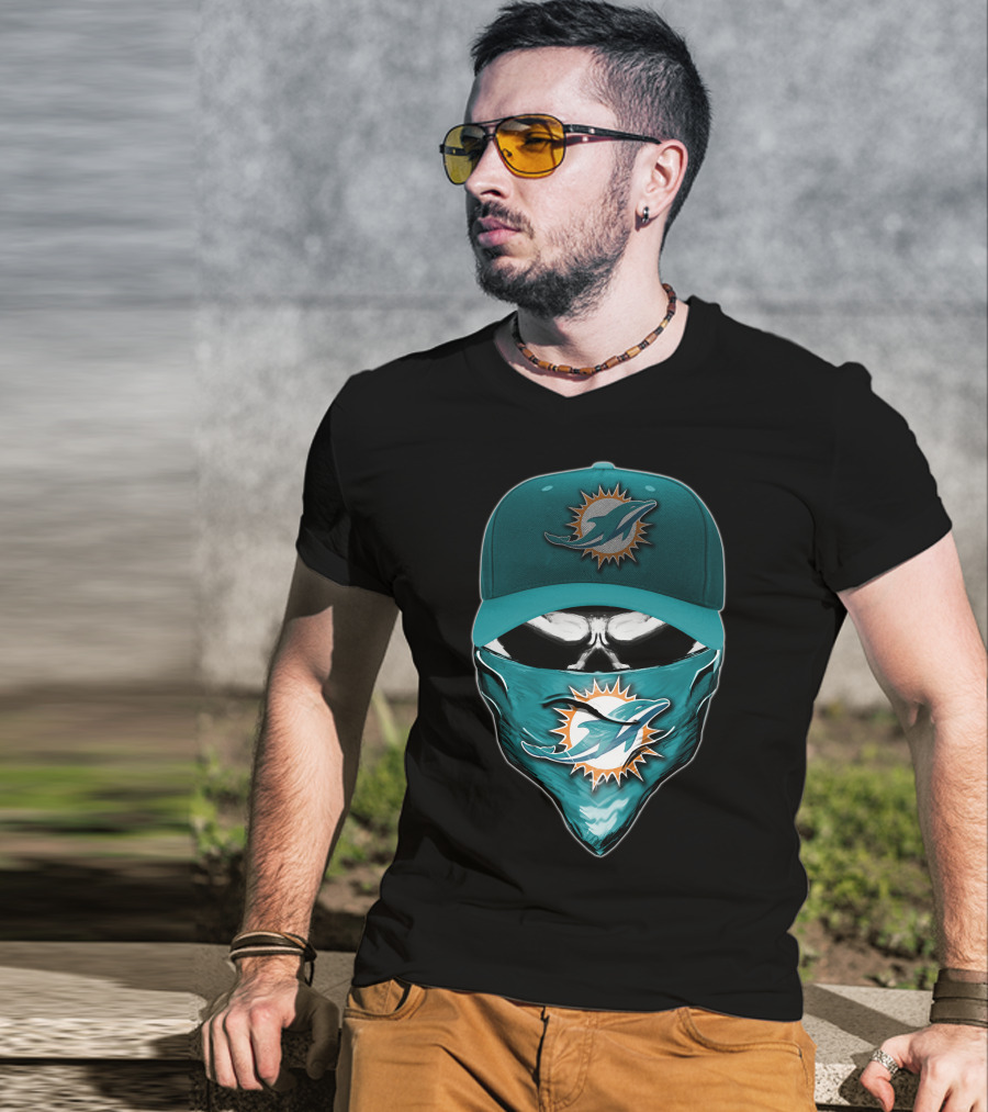Skull Miami Dolphins Logo Hat And Bandana T-Shirt