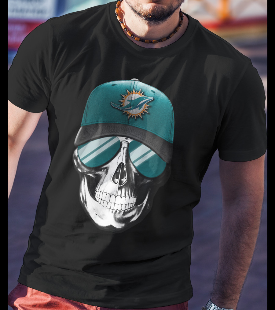 Skull With Miami Dolphins Hat And Sunglasses T-Shirt