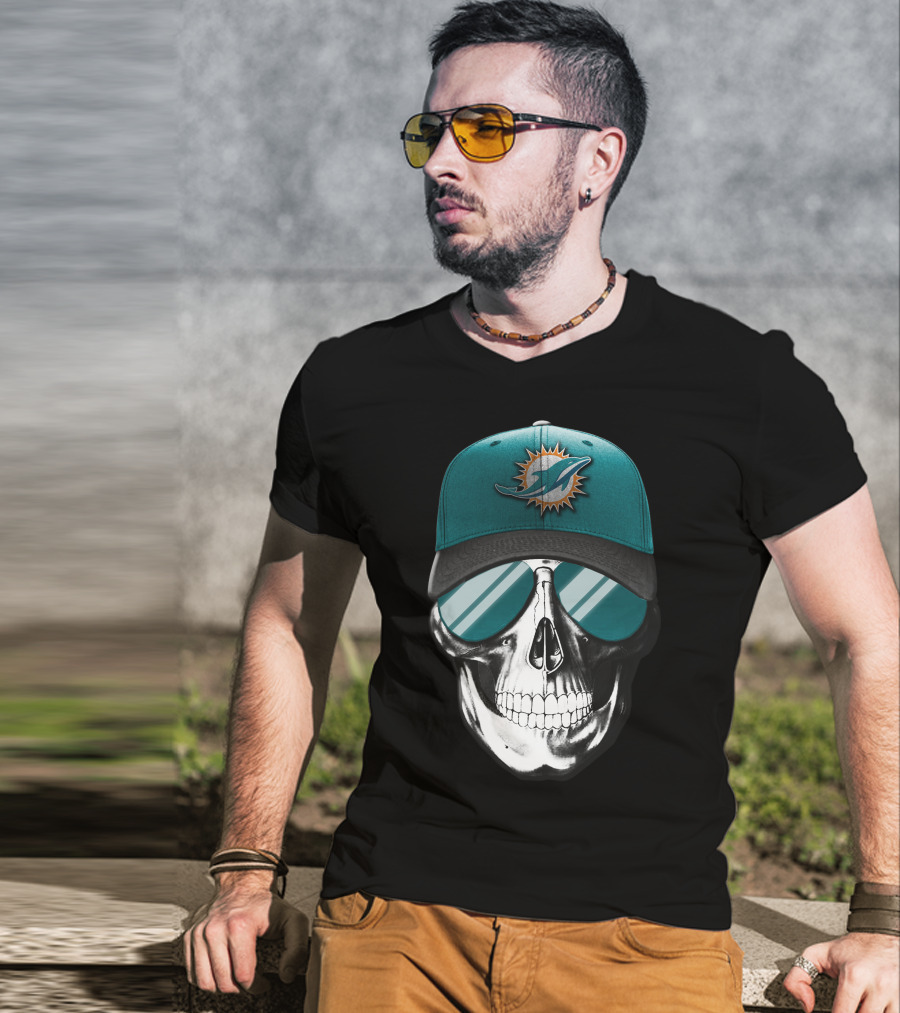 Skull With Miami Dolphins Hat And Sunglasses T-Shirt