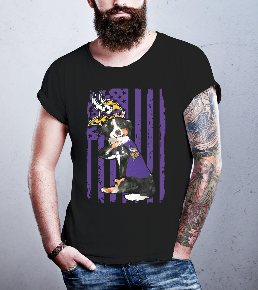 I Love Mom Border Collie With Minnesota Vikings Flag Background T-Shirt