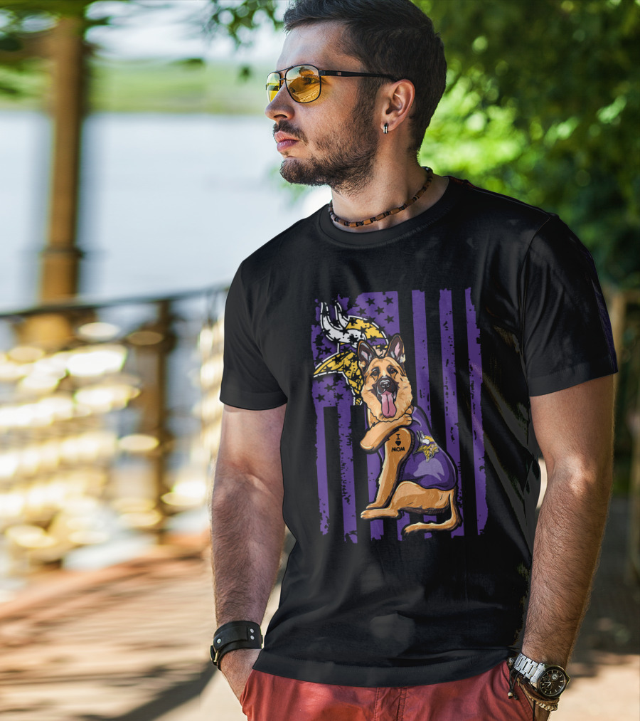 German Shepherd Minnesota Vikings Dog Wearing Jersey With Vikings Logo And I Love Mom Tattoo T-Shirt