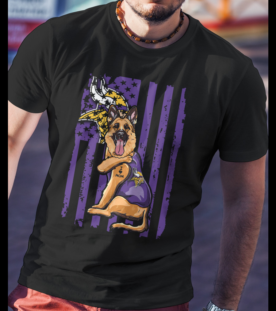 German Shepherd Minnesota Vikings Dog Wearing Jersey With Vikings Logo And I Love Mom Tattoo T-Shirt