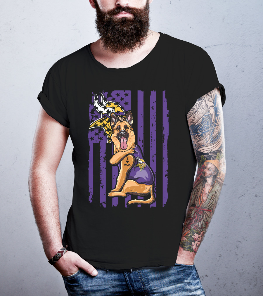 German Shepherd Minnesota Vikings Dog Wearing Jersey With Vikings Logo And I Love Mom Tattoo T-Shirt