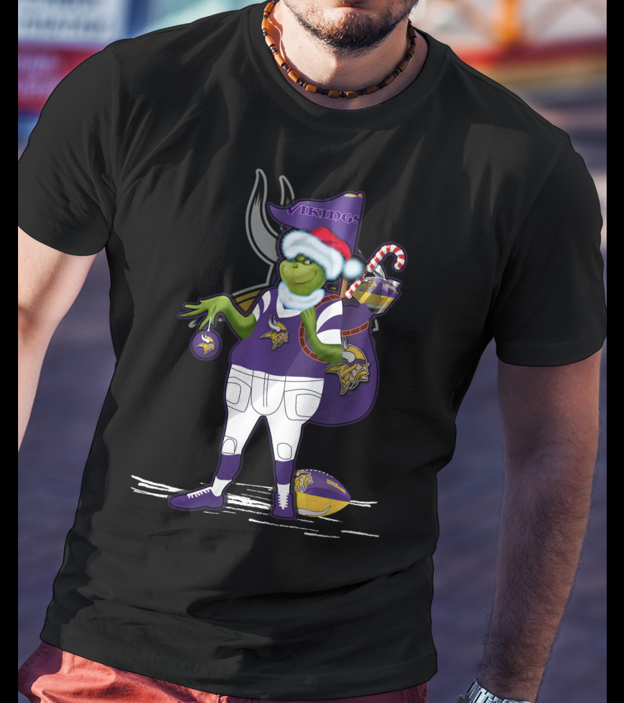 Grinchxmas Minnesota Vikings Santa Hat Candy Cane Football T-Shirt