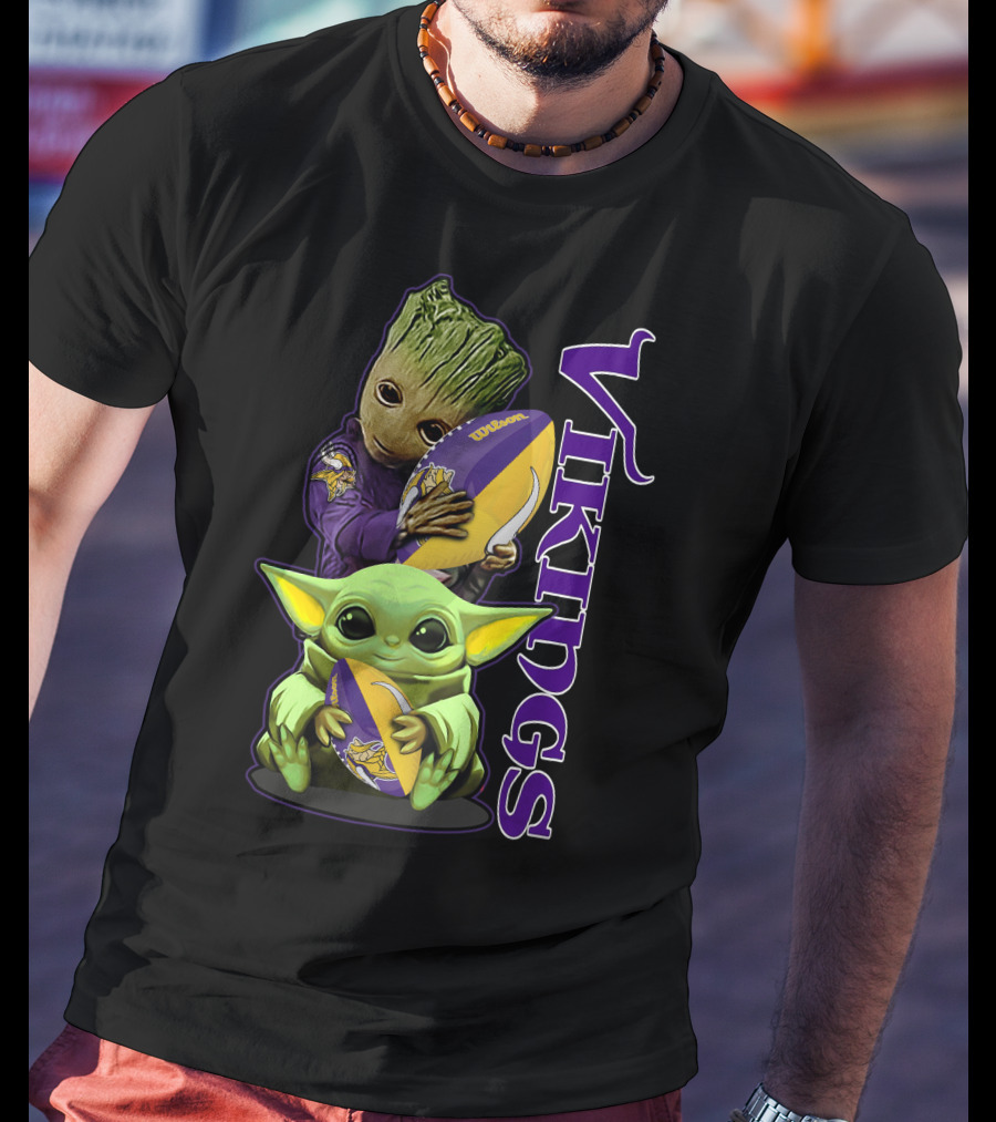 Grzd Minnesota Vikings Groot And Baby Yoda Football Fan T-Shirt