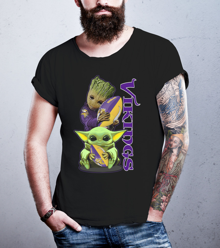 Grzd Minnesota Vikings Groot And Baby Yoda Football Fan T-Shirt