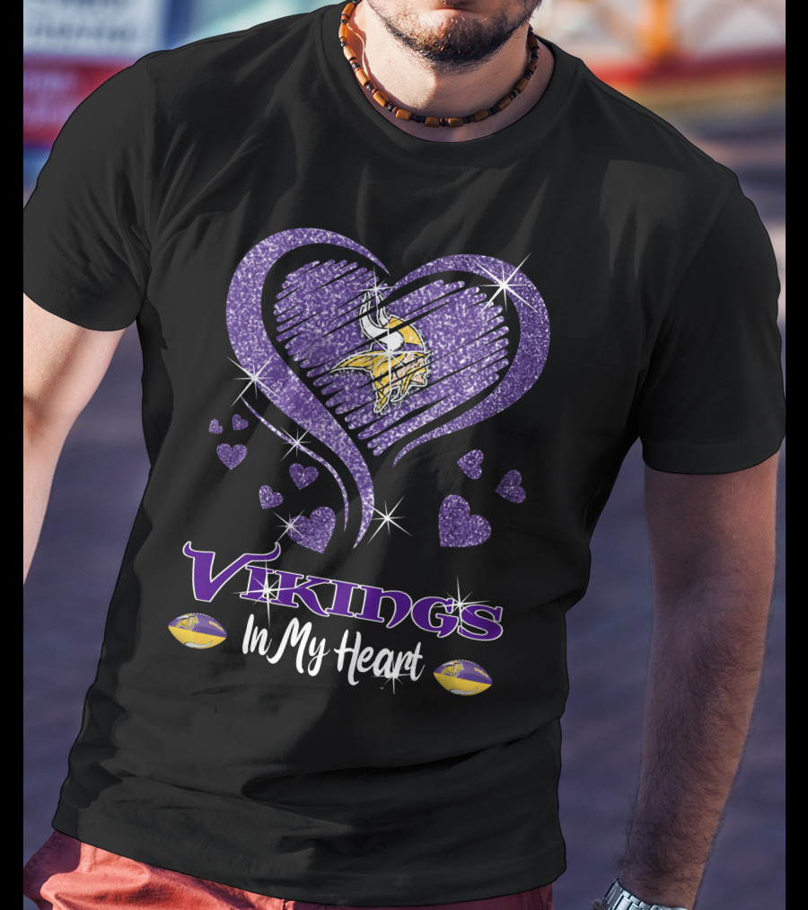 Vikings In My Heart Minnesota Vikings Logo Purple Sparkling Hearts T-Shirt
