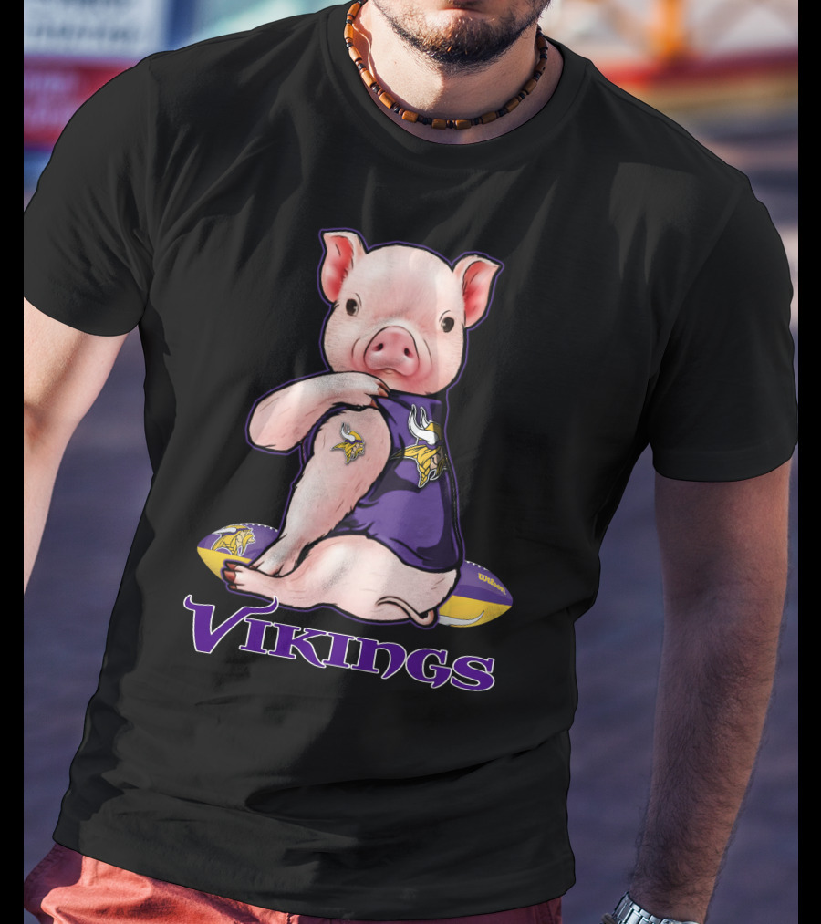 Pig In Minnesota Vikings Jersey With Football T-Shirt