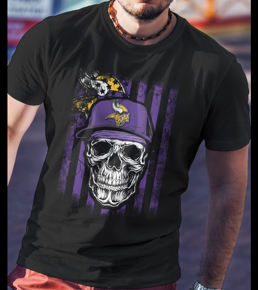 Skull With Minnesota Vikings Hat And Viking Logo On Purple And Black Stripes T-Shirt