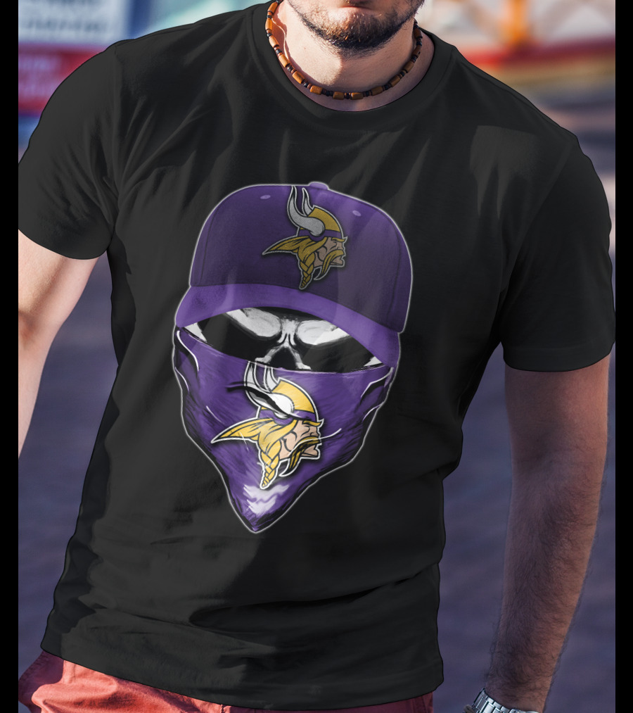 Skull Minnesota Vikings Logo Face Mask And Cap T-Shirt