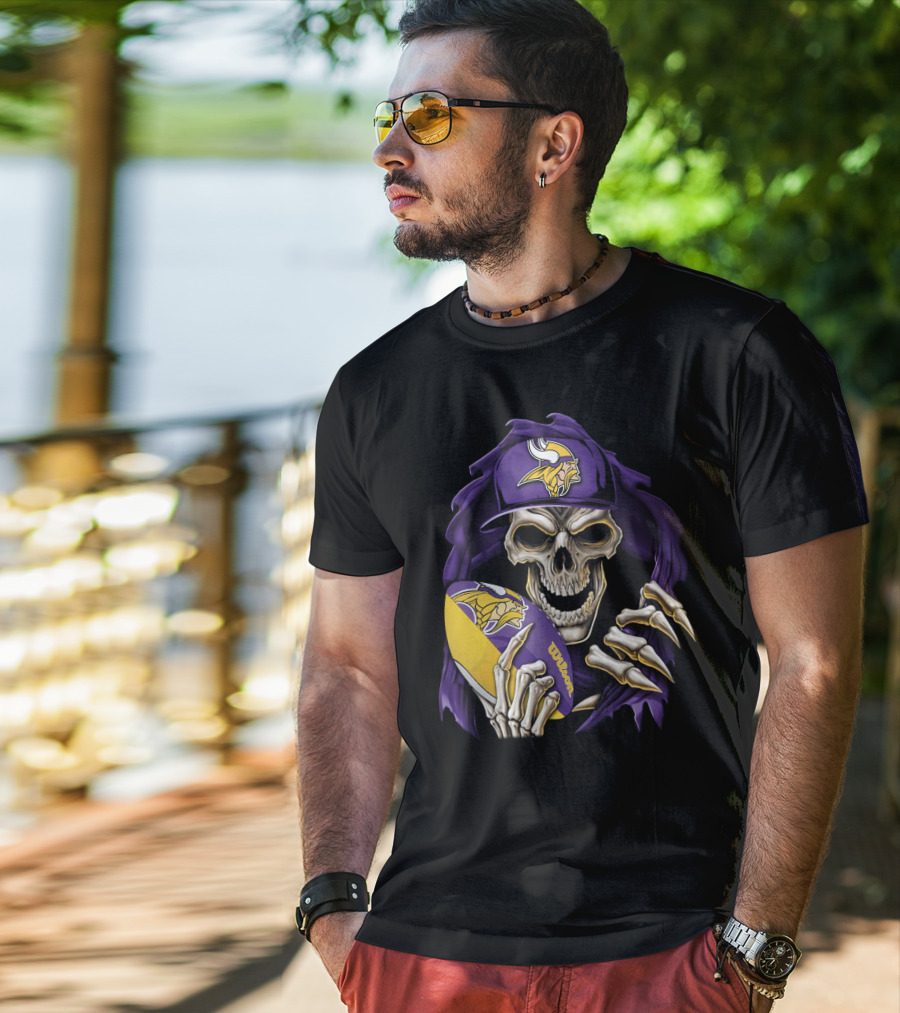 Minnesota Vikings Skull With Football And Cap T-Shirt