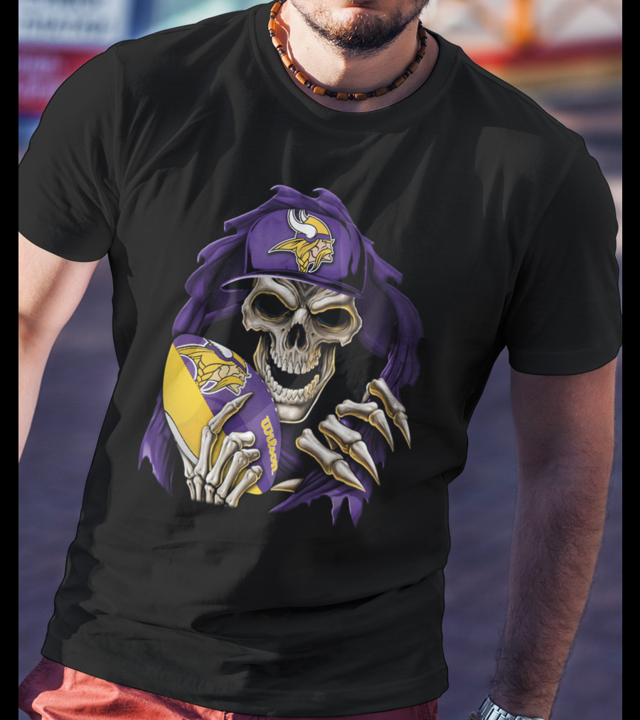 Minnesota Vikings Skull With Football And Cap T-Shirt