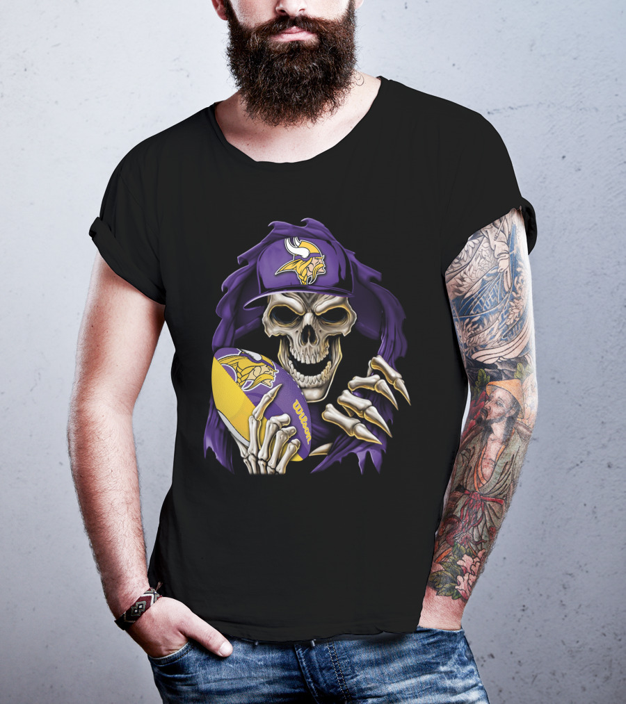 Minnesota Vikings Skull With Football And Cap T-Shirt