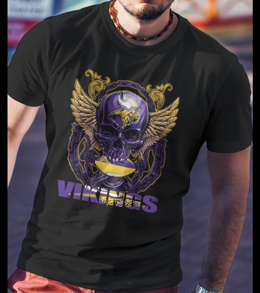 Skullfb Minnesota Vikings Winged Skull And Football Helmet T-Shirt