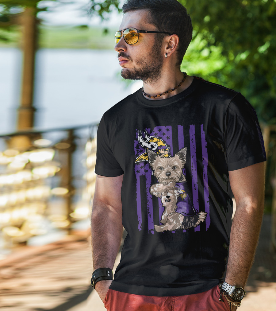 Yorkshire Terrier Wearing Minnesota Vikings I Love Mom Shirt With Viking Head And Purple Distressed Stripes Background T-Shirt
