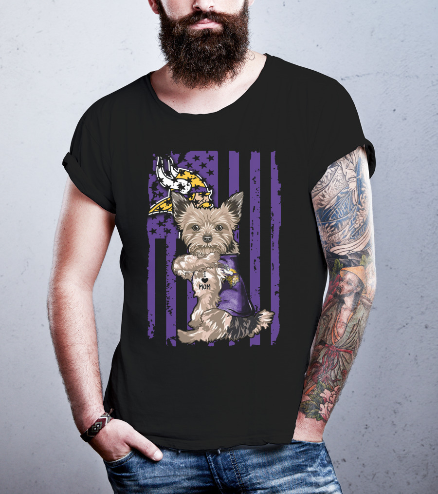 Yorkshire Terrier Wearing Minnesota Vikings I Love Mom Shirt With Viking Head And Purple Distressed Stripes Background T-Shirt