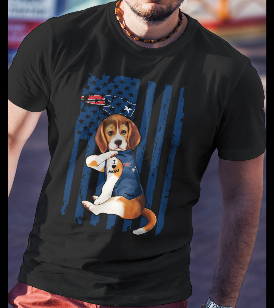 Patriotic Beagle Wearing New England Patriots Jersey I Love Mom T-Shirt