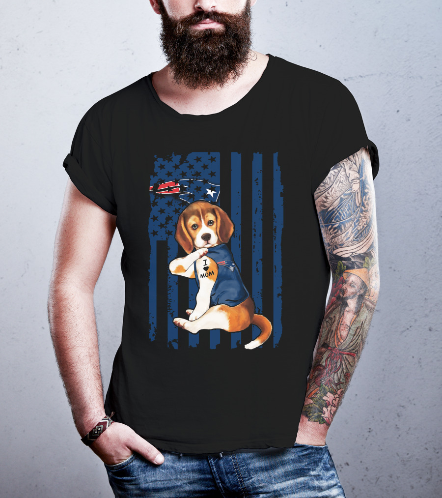 Patriotic Beagle Wearing New England Patriots Jersey I Love Mom T-Shirt