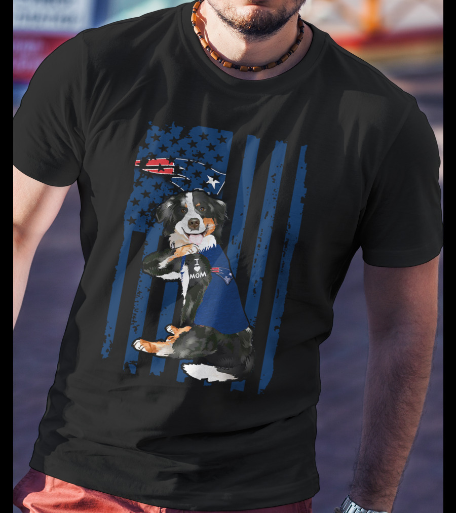Border Collie I Love Mom New England Patriots USA Flag T-Shirt