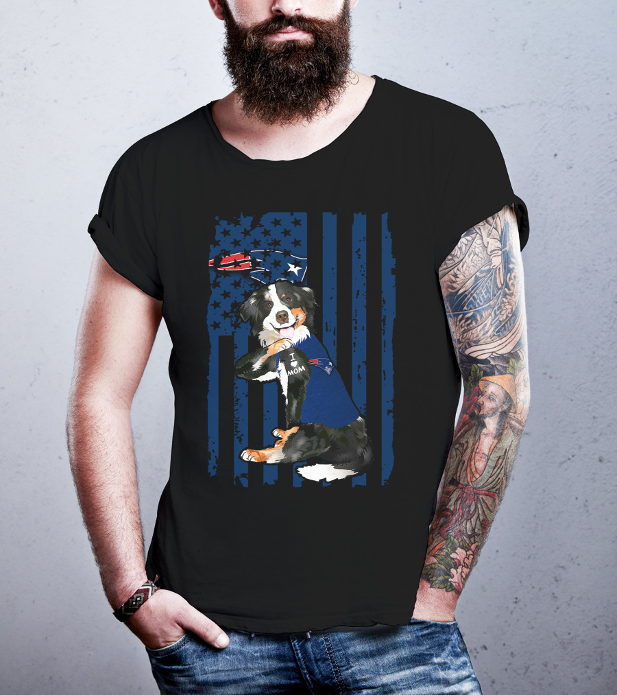 Border Collie I Love Mom New England Patriots USA Flag T-Shirt