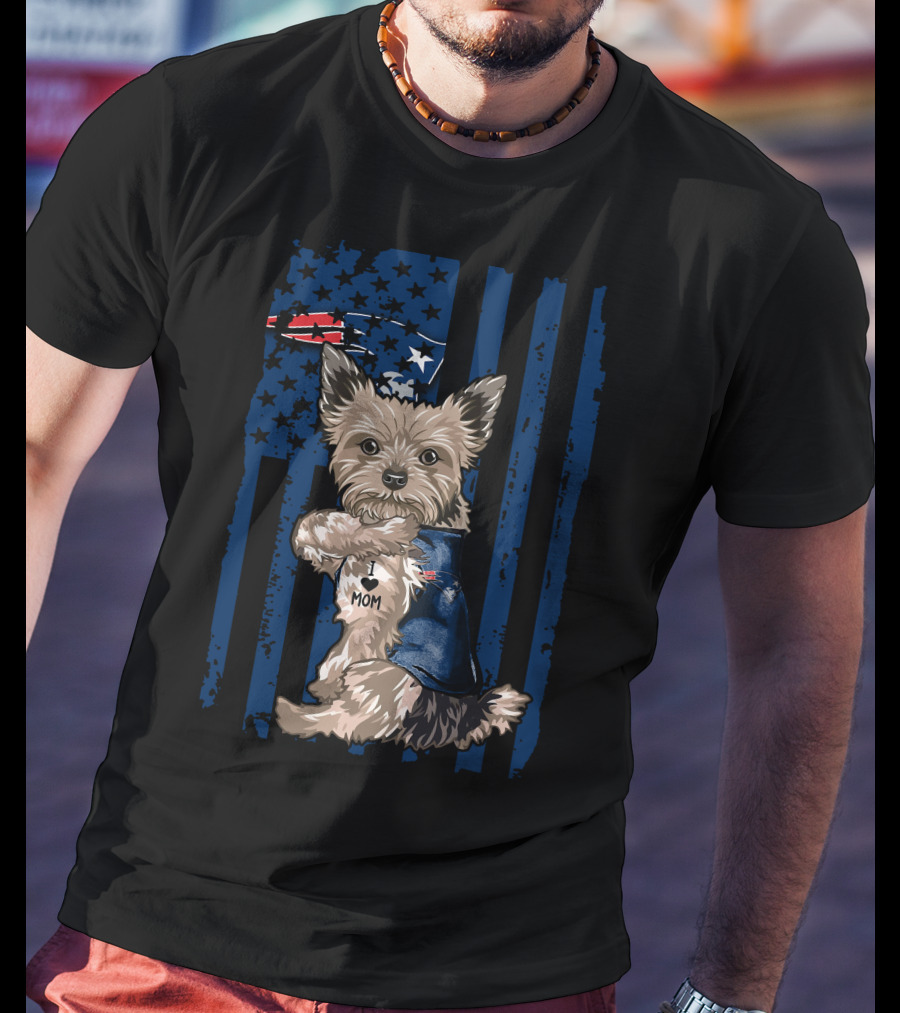 Yorkshire Terrier With I Love Mom Vest And New England Patriots Themed Background T-Shirt