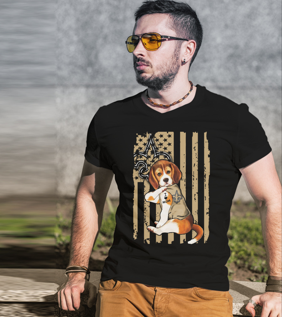 Beagle I Love Mom New Orleans Saints Fleur-de-Lis American Flag T-Shirt