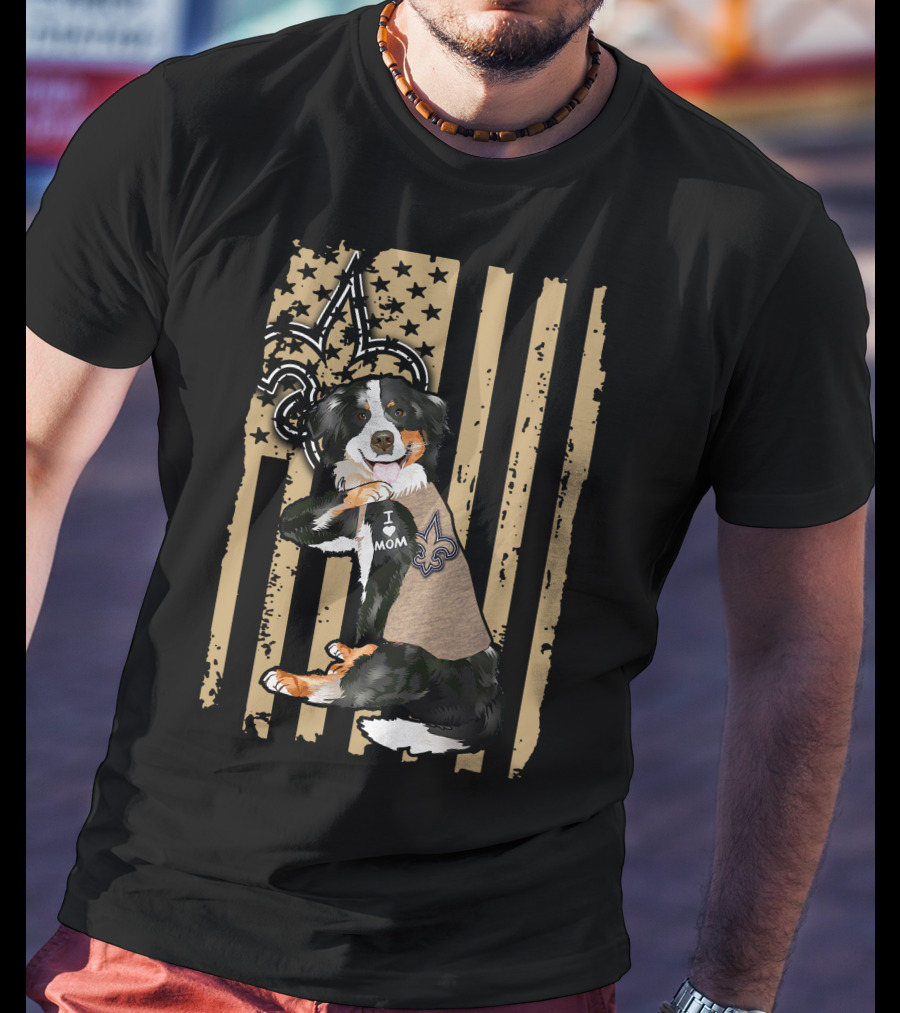 Border Collie I Love Mom New Orleans Saints Fleur-de-Lis Stripes T-Shirt