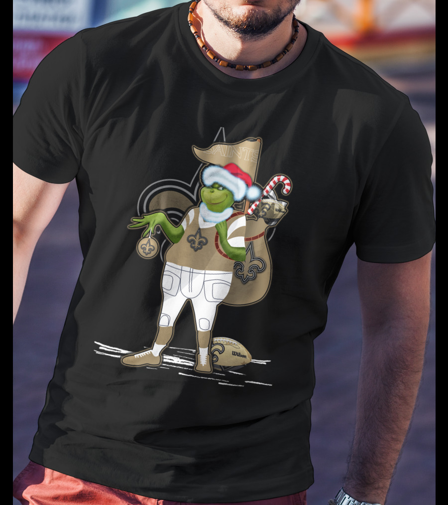 Grinchxmas Santa Hat New Orleans Saints Football Fleur-De-Lis Candy Cane Sack T-Shirt