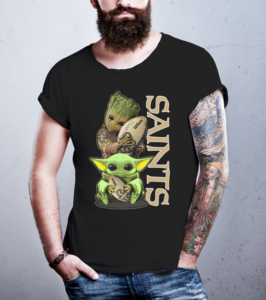 Grzd New Orleans Saints Groot And Baby Yoda Football T-Shirt