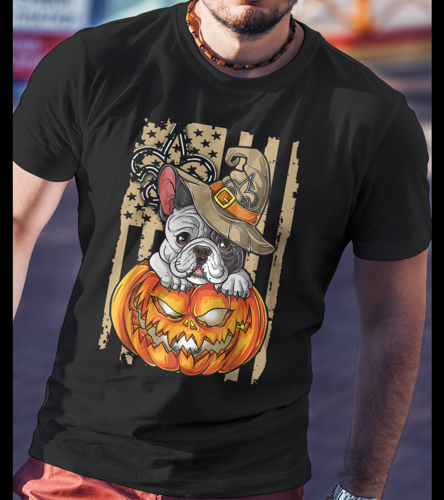 Hlw Bulldog New Orleans Saints Halloween Pumpkin Fleur-de-Lis T-Shirt