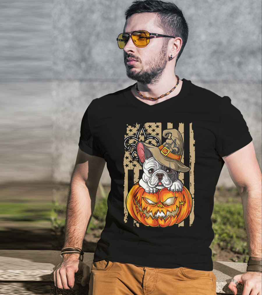 Hlw Bulldog New Orleans Saints Halloween Pumpkin Fleur-de-Lis T-Shirt