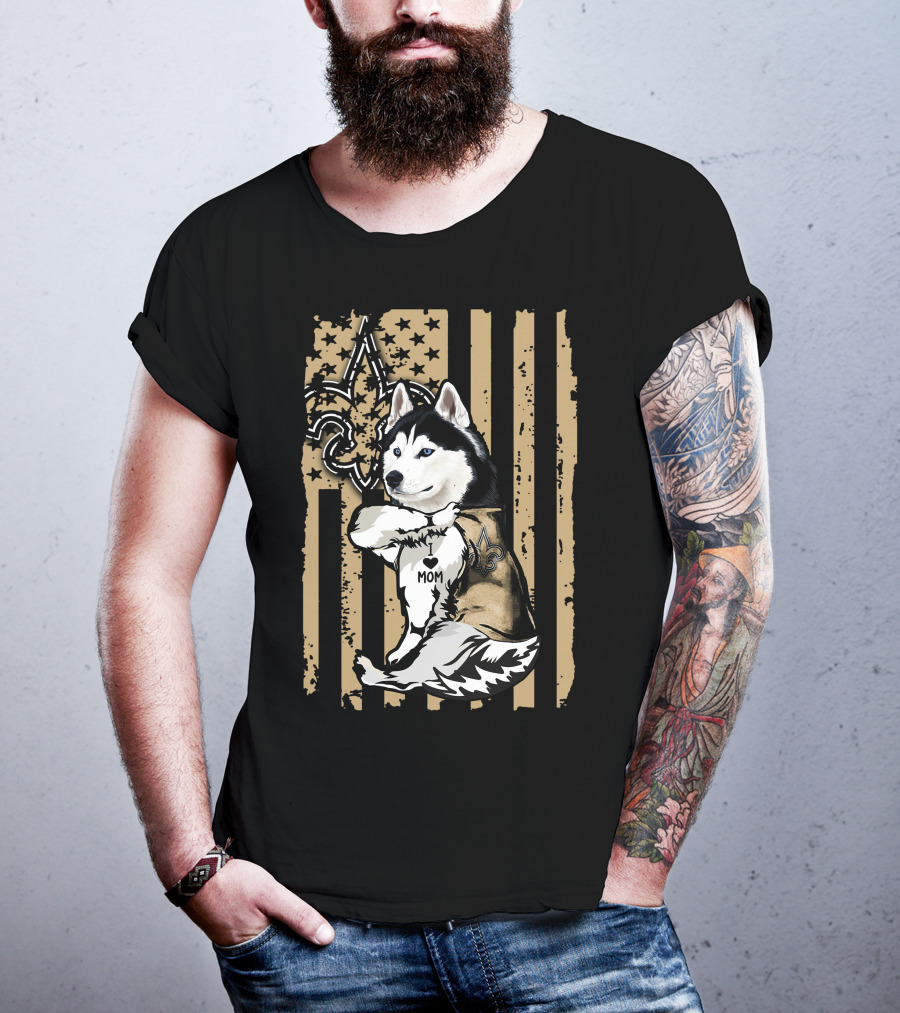 Siberian Husky Mom New Orleans Saints Fleur-de-Lis American Flag T-Shirt