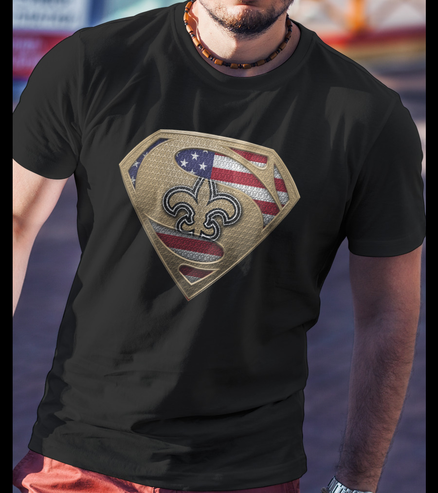 New Orleans Saints Fleur-De-Lis Superhero Shield With American Flag T-Shirt