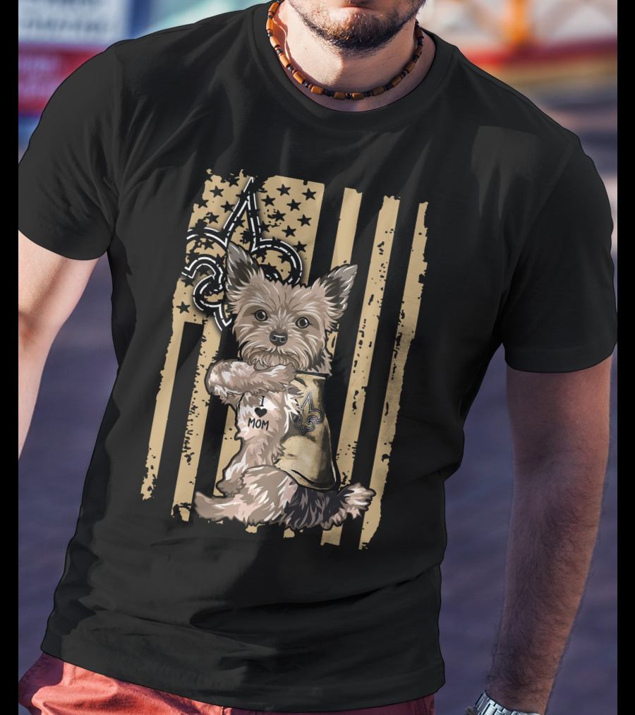 Yorkshire Terrier I Love Mom New Orleans Saints Fleur-de-Lis Stripes T-Shirt
