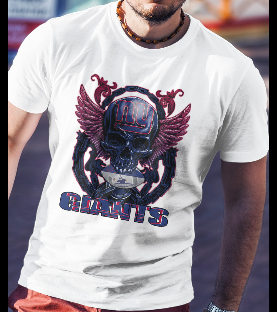 Skullfb New York Giants Winged Skull Design With Football Helmet And Chains T-Shirt