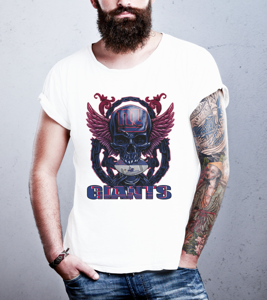 Skullfb New York Giants Winged Skull Design With Football Helmet And Chains T-Shirt