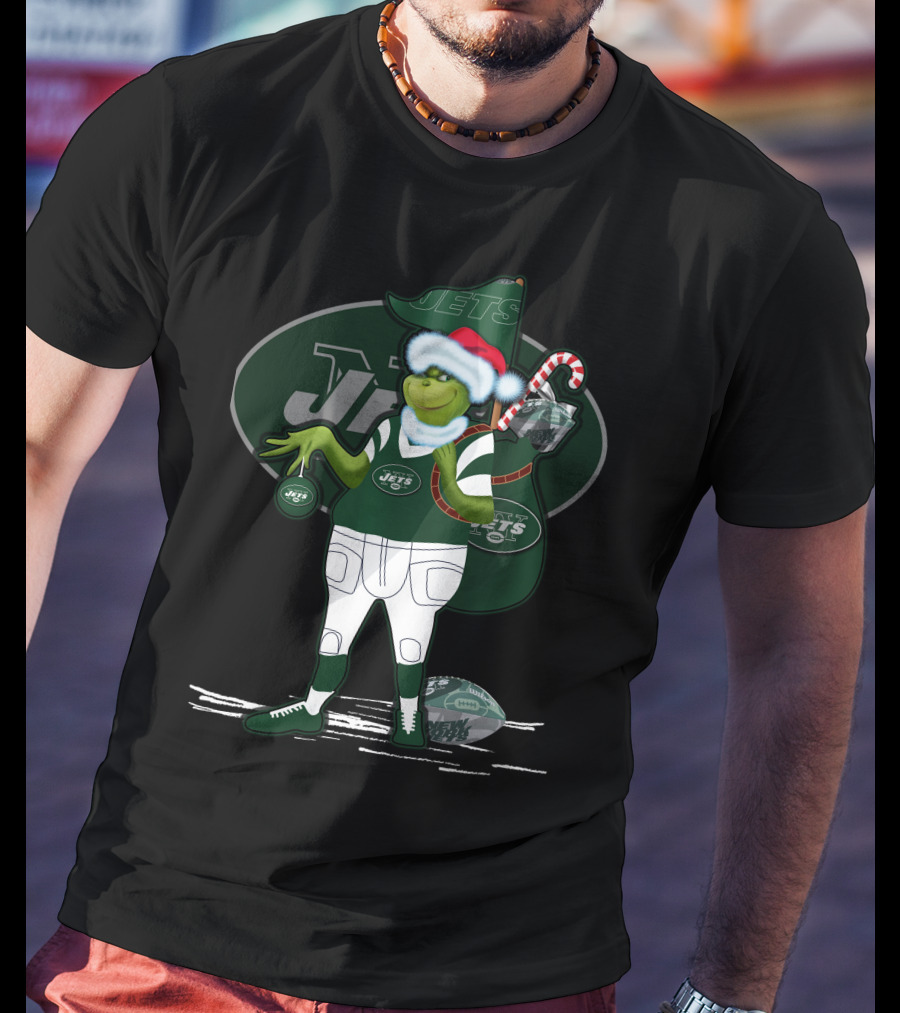 Grinch Christmas New York Jets Football Santa Hat And Sack With Candy Cane T-Shirt