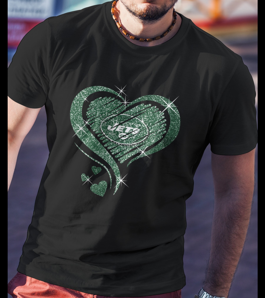 Heart Diamond Jets Glitter Green Football Fan T-Shirt