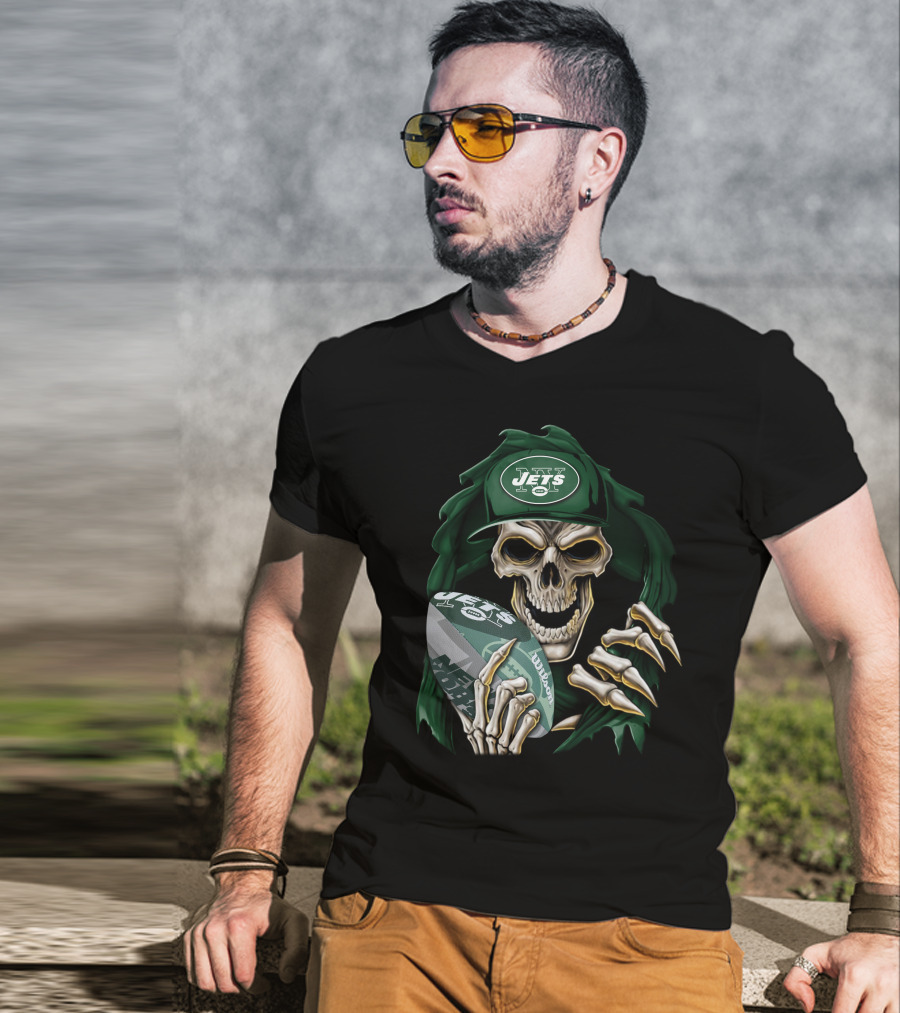 New York Jets Skullbong Skeleton Holding Football T-Shirt