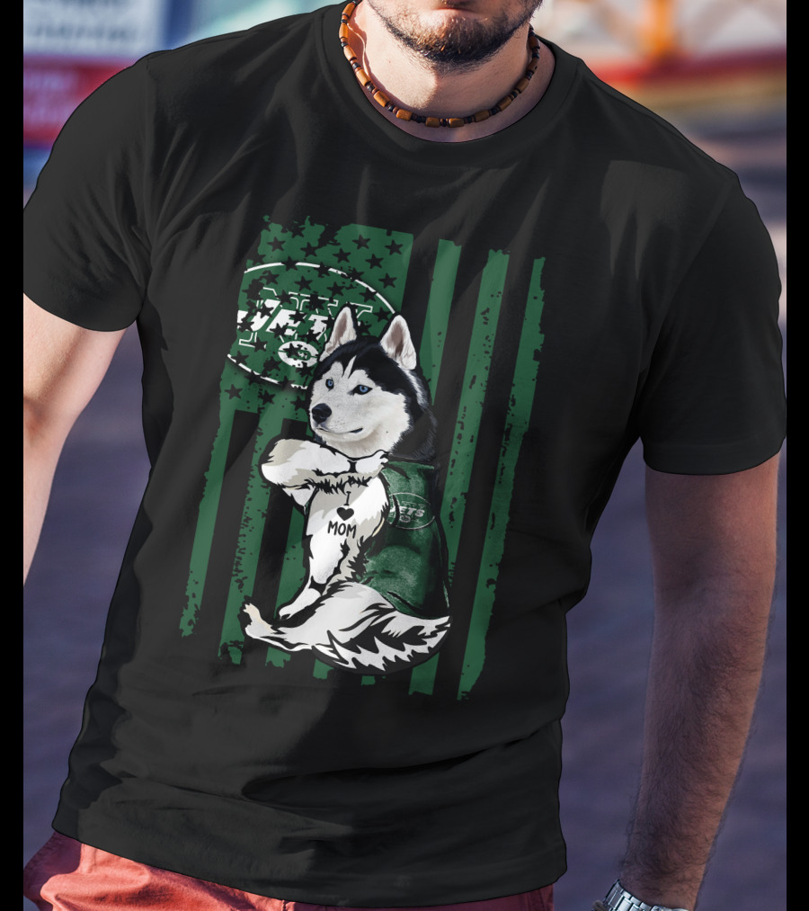 Siberian Husky I Love Mom New York Jets Fan Flag T-Shirt