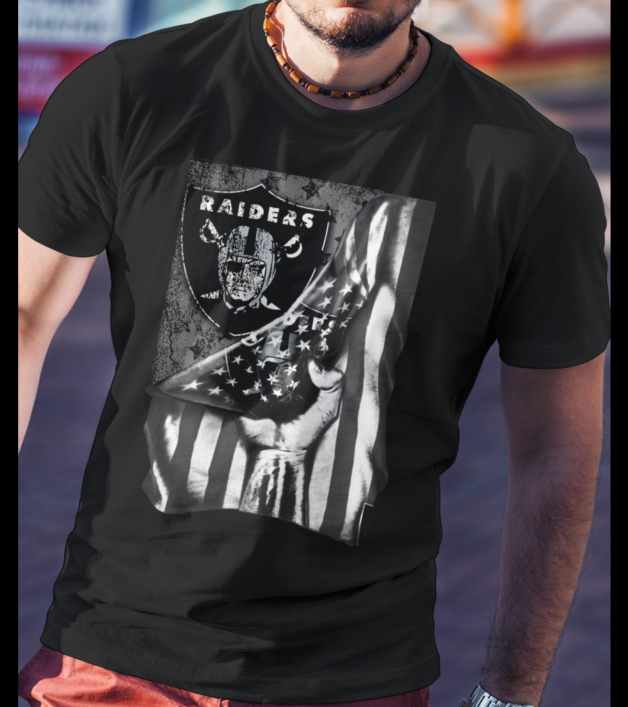 Raiders Shield With American Flag And Hand Holding Stars Grayscale T-Shirt
