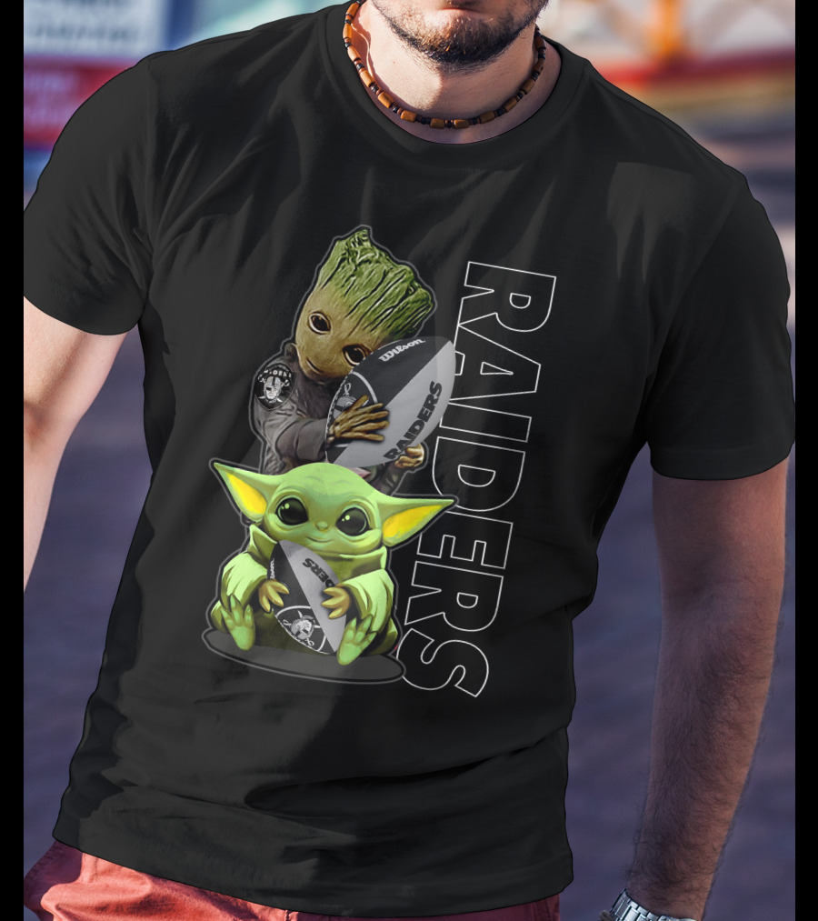 Grzd Oakland Raiders Groot Baby Yoda Football T-Shirt