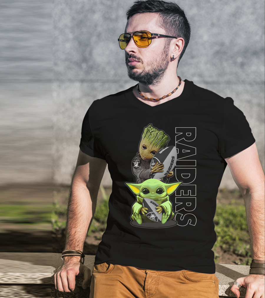 Grzd Oakland Raiders Groot Baby Yoda Football T-Shirt